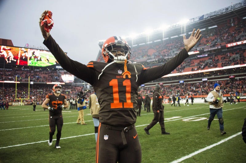 Dec 23, 2018; Cleveland, OH, USA; Cleveland Browns wide receiver Antonio Callaway (11) celebrates after the Browns beat the Cincinnati Bengals at FirstEnergy Stadium. Mandatory Credit: Ken Blaze-USA TODAY Sports