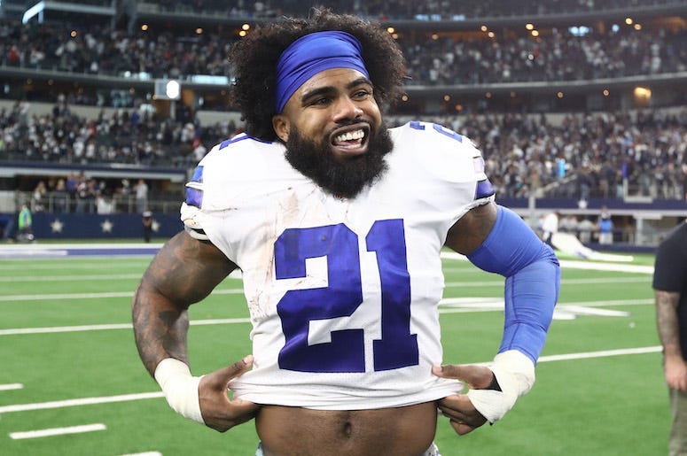 Ezekiel Elliott, Smile, Postgame, AT&T Stadium, White Jersey, 2018