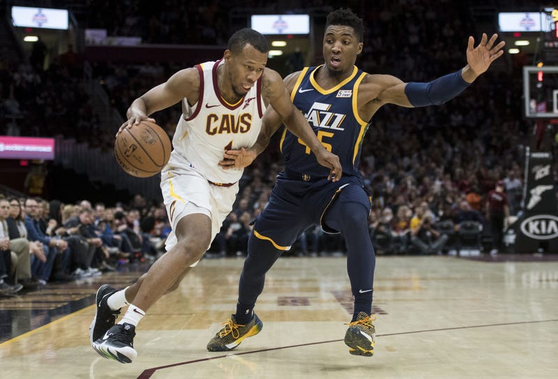 Jan 4, 2019; Cleveland, OH, USA; Cleveland Cavaliers guard Rodney Hood (1) drives to the basket against Utah Jazz guard Donovan Mitchell (45) during the first half at Quicken Loans Arena. Mandatory Credit: Ken Blaze-USA TODAY Sports