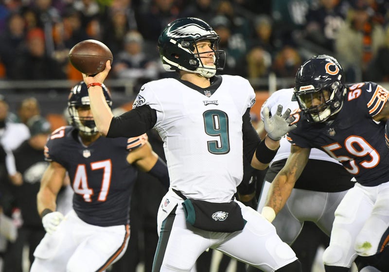 Jan 6, 2019; Chicago, IL, USA; Philadelphia Eagles quarterback Nick Foles (9) throws a pass against the Chicago Bears in the first half of a NFC Wild Card playoff football game at Soldier Field.