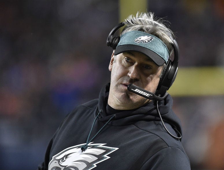 Jan 6, 2019; Chicago, IL, USA; Philadelphia Eagles head coach Doug Pederson in the first half a NFC Wild Card playoff football game against the Chicago Bears at Soldier Field.
