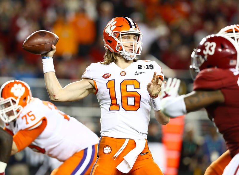 Jan 7, 2019; Santa Clara, CA, USA; Clemson Tigers quarterback Trevor Lawrence (16) throws in the pocket against the Alabama Crimson Tide in the 2019 College Football Playoff Championship game at Levi's Stadium