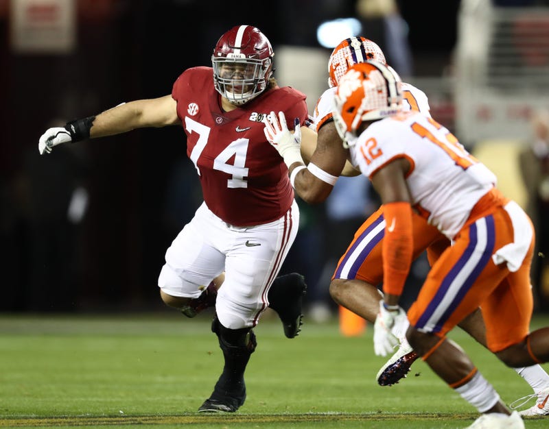 Jan 7, 2019; Santa Clara, CA, USA; Alabama Crimson Tide tackle Jedrick Wills Jr (74) pulls against the Clemson Tigers during the 2019 College Football Playoff Championship game at Levi's Stadium. Mandatory Credit: Matthew Emmons-USA TODAY Sports