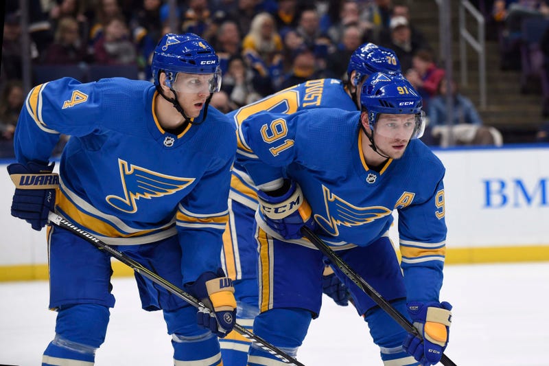 St. Louis Blues defenseman Carl Gunnarsson (4) and St. Louis Blues right wing Vladimir Tarasenko