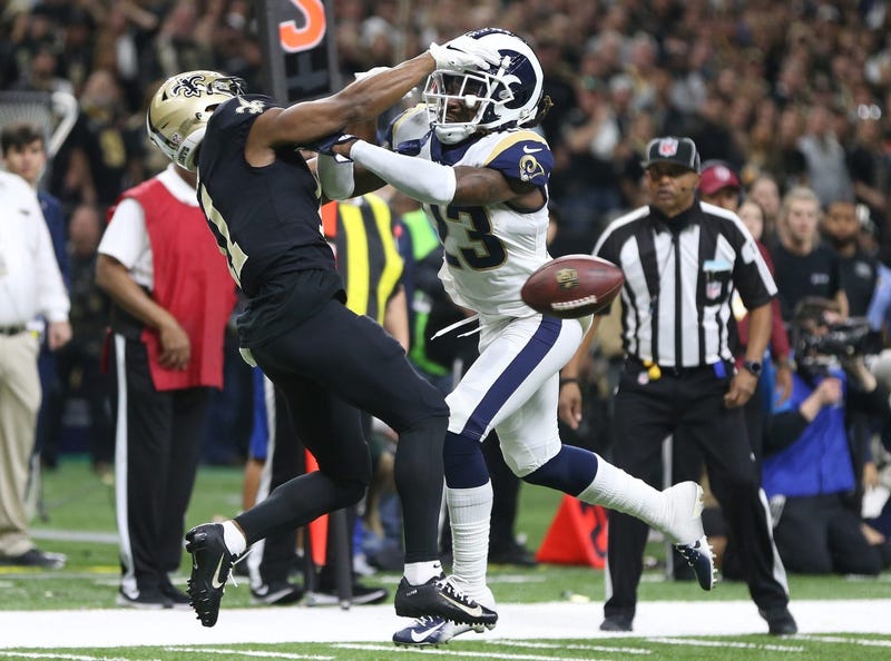 Jan 20, 2019; New Orleans, LA, USA; Los Angeles Rams defensive back Nickell Robey-Coleman (23) breaks up a pass intended or New Orleans Saints wide receiver Tommylee Lewis (11) during the fourth quarter of the NFC Championship game at Mercedes-Benz Superd