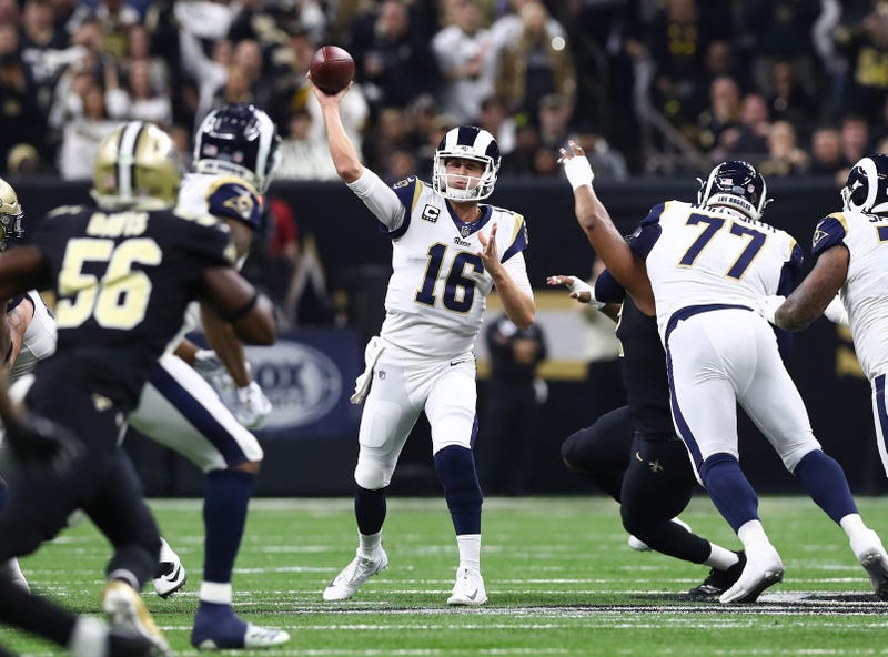 Los Angeles Rams quarterback Jared Goff (16) throws in the pocket in the second quarter against the New Orleans Saints in the NFC Championship at Mercedes-Benz Superdome.