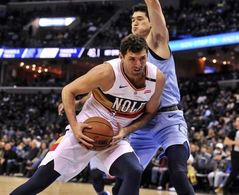 Jan 21, 2019; Memphis, TN, USA; New Orleans Pelicans forward Nikola Mirotic (3) goes to the basket against Memphis Grizzlies guard Yuta Watanabe (12) during the first half at FedExForum.