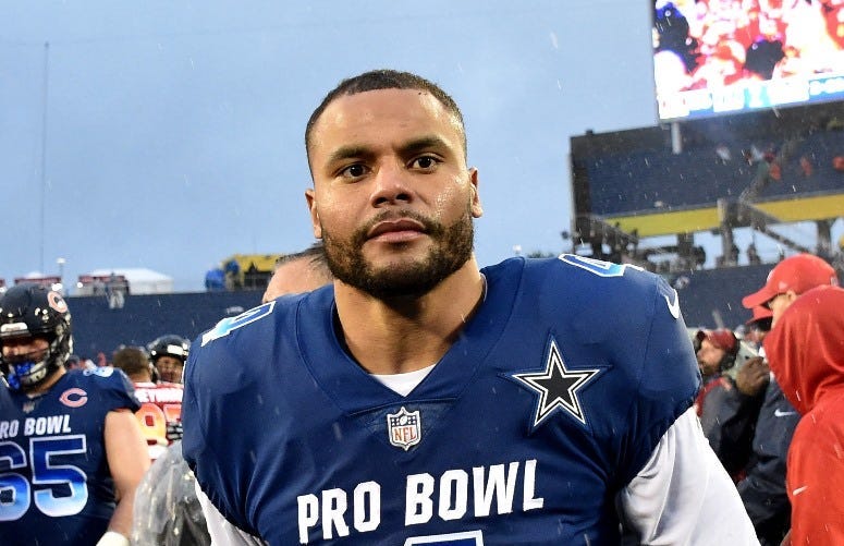 Jan 27, 2019; Orlando, FL, USA; NFC quarterback Dak Prescott of the Dallas Cowboys (4) walks off the field after the losing to the AFC in the NFL Pro Bowl football game at Camping World Stadium