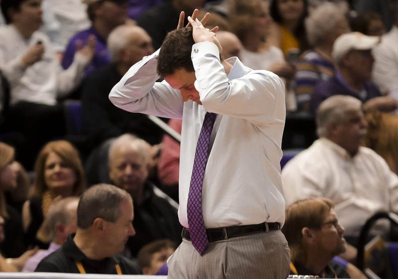 Feb 2, 2019; Baton Rouge, LA, USA; LSU Tigers head coach Will Wade reacts during the second half against the Arkansas Razorbacks at the Maravich Assembly Center.