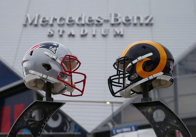 Feb 3, 2019; Atlanta, GA, USA; Helmets for the New England Patriots and Los Angeles Rams on display outside before Super Bowl LIII at Mercedes-Benz Stadium. Mandatory Credit: Mark J. Rebilas-USA TODAY Sports