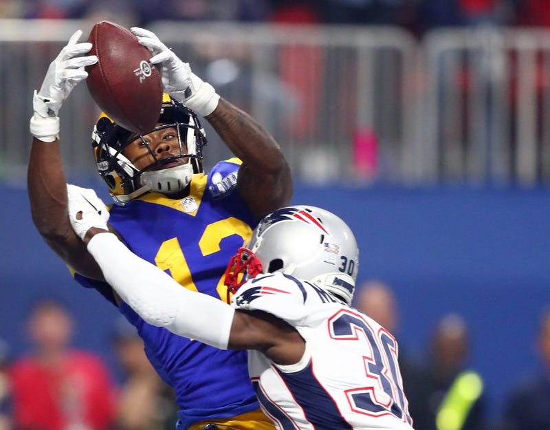 Feb 3, 2019; Atlanta, GA, USA; New England Patriots cornerback Jason McCourty (30) breaks up a pass in the end zone intended for Los Angeles Rams wide receiver Brandin Cooks (12) in the third quarter in Super Bowl LIII at Mercedes-Benz Stadium. Mandatory