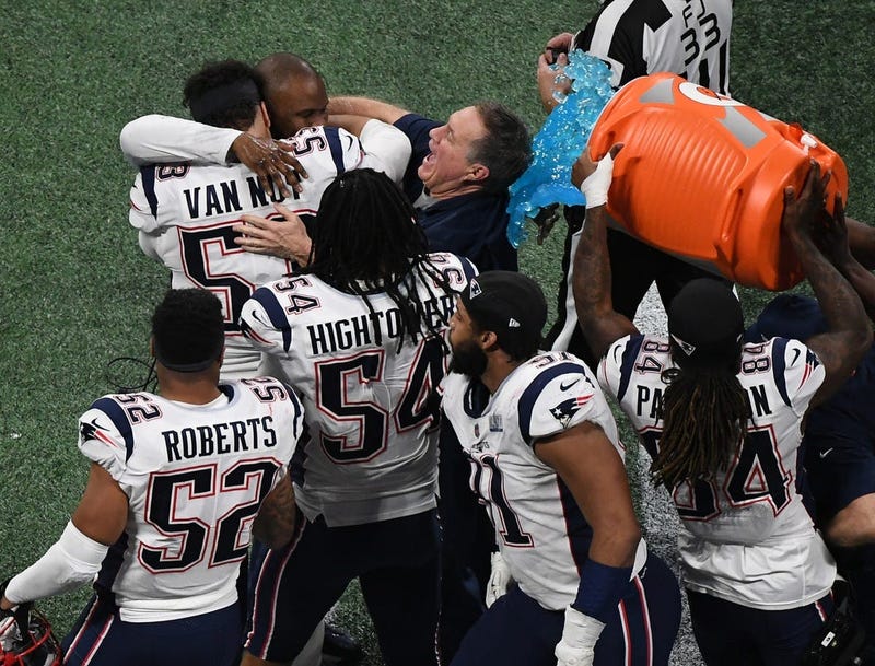 Feb 3, 2019; Atlanta, GA, USA; New England Patriots head coach Bill Belichick is doused with Gatorade after winning Super Bowl LIII against the Los Angeles Rams at Mercedes-Benz Stadium. Mandatory Credit: Richard Mackson-USA TODAY Sports