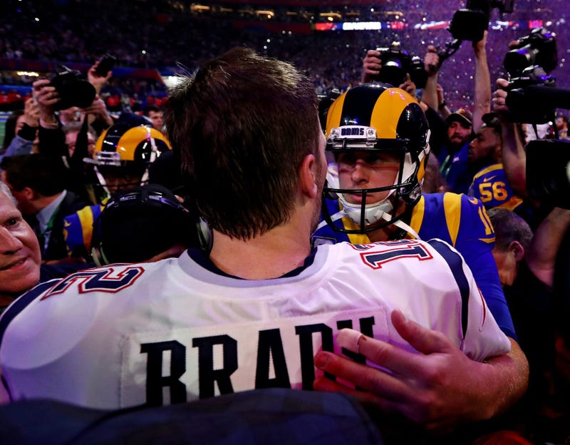 Feb 3, 2019; Atlanta, GA, USA; New England Patriots quarterback Tom Brady (12) greets Los Angeles Rams quarterback Jared Goff (16) after Super Bowl LIII at Mercedes-Benz Stadium. Mandatory Credit: Matthew Emmons-USA TODAY Sports