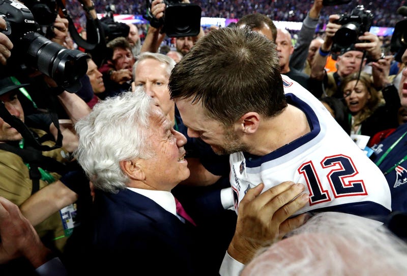 Feb 3, 2019; Atlanta, GA, USA; New England Patriots quarterback Tom Brady (12) celebrates with New England Patriots owner Robert Kraft after the Los Angeles Rams in Super Bowl LIII at Mercedes-Benz Stadium. Mandatory Credit: Matthew Emmons-USA TODAY Sport