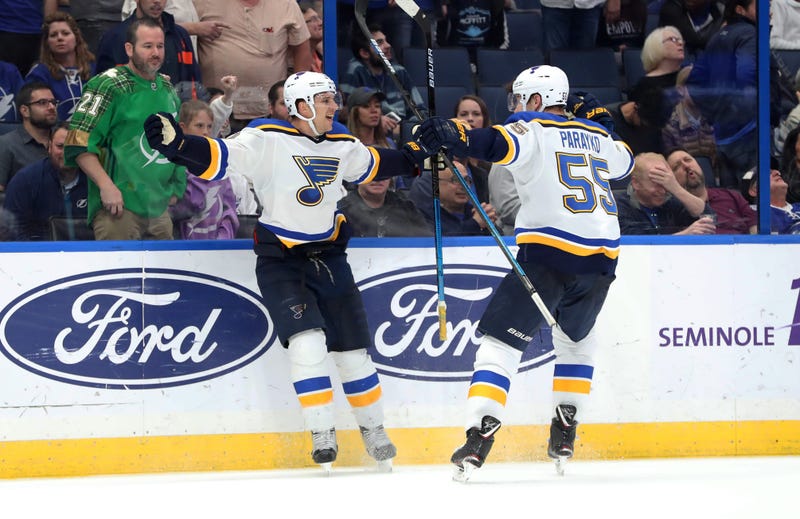 St. Louis Blues center Brayden Schenn (10) celebrates with defenseman Colton Parayko