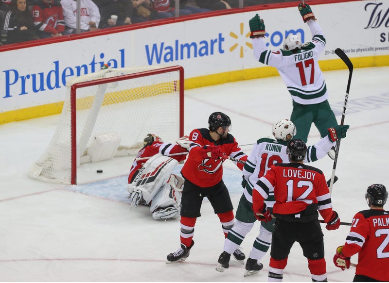 Goal by the Wild celebrated by Marcus Foligno and Luke Kunin