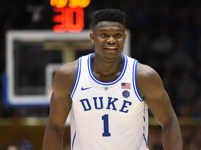 Feb 16, 2019; Durham, NC, USA; Duke Blue Devils forward Zion Williamson (1) reacts during the second half against the North Carolina State Wolfpack at Cameron Indoor Stadium. The Blue Devils won 94-78. Mandatory Credit: Rob Kinnan-USA TODAY Sports