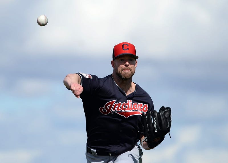 Feb 18, 2019; Goodyear, AZ, USA; Cleveland Indians starting pitcher Corey Kluber (28) throws during a spring training workout at the Goodyear Ballpark practice fields. Mandatory Credit: Joe Camporeale-USA TODAY Sports