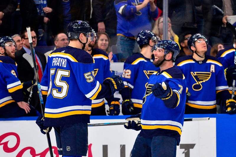 St. Louis Blues defenseman Colton Parayko (55) is congratulated by left wing Pat Maroon (7) after scoring during the first period against the Toronto Maple Leafs at Enterprise Center.