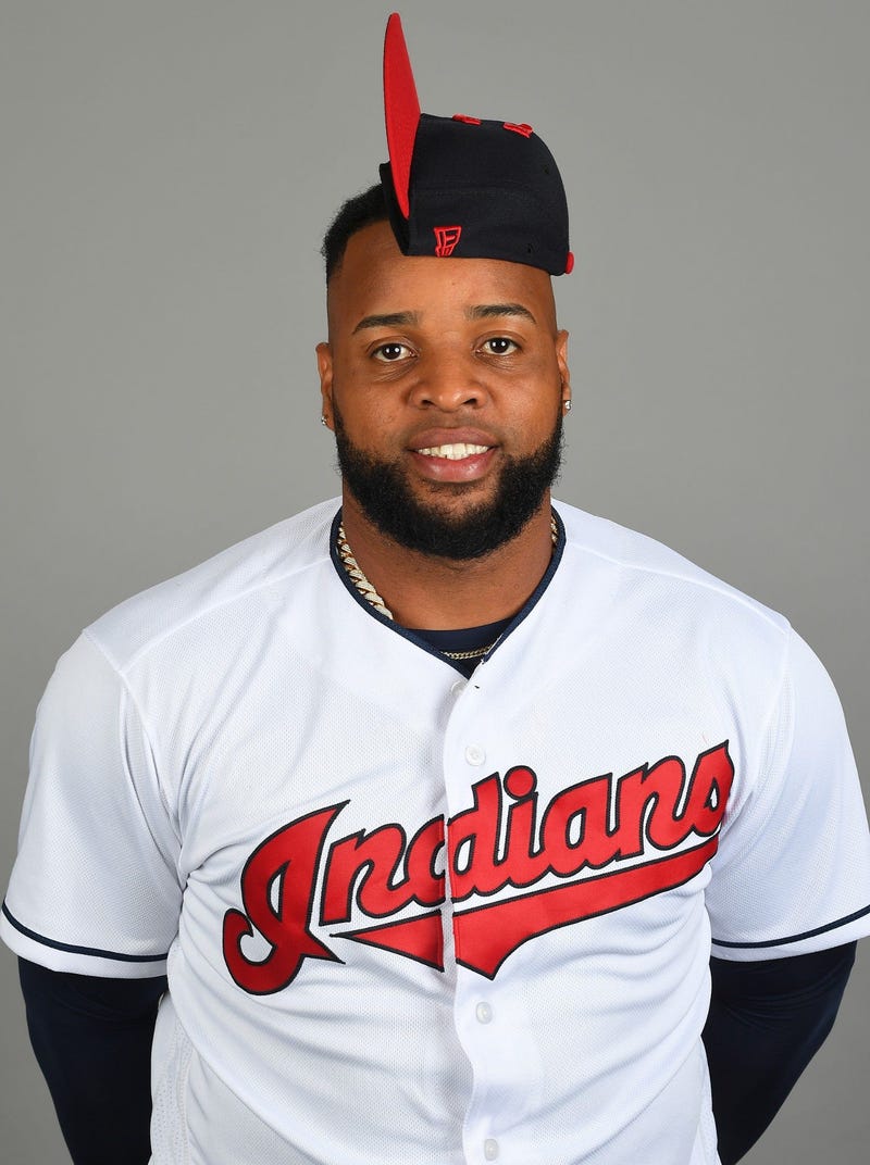 Feb 21, 2019; Goodyear, AZ, USA; Cleveland Indians first baseman Carlos Santana (41) poses for a photo during media day at Goodyear Ballpark. Mandatory Credit: Jayne Kamin-Oncea-USA TODAY Sports
