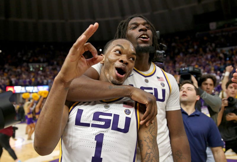 Feb 23, 2019; Baton Rouge, LA, USA; LSU Tigers guard Ja'vonte Smart (1) celebrates with forward Naz Reid (0) after their game against the Tennessee Volunteers at the Maravich Assembly Center.