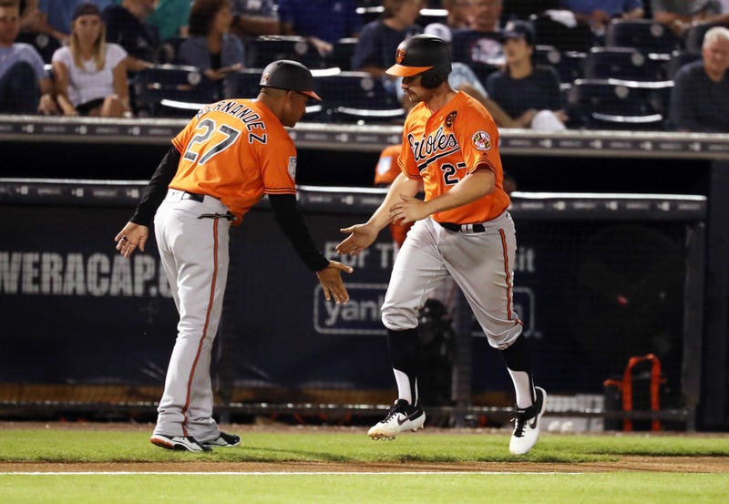 Tampa, FL, USA; Baltimore Orioles major catcher Andrew Susac (27) is congratulated by major league coach Jose Hernandez (27) as he hits a home run during the third inning against the New York Yankees at George M. Steinbrenner Field