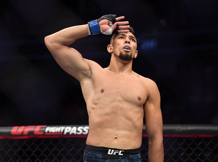 Johnny Walker (blue gloves) defeats Misha Cirkunov (red gloves) during UFC 235 at T-Mobile Arena.
