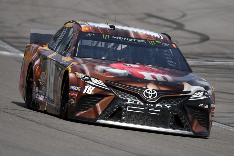 Mar 3, 2019; Las Vegas, NV, USA; Monster Energy NASCAR Cup Series driver Kyle Busch (18) during the Pennzoil 400 at Las Vegas Motor Speedway.