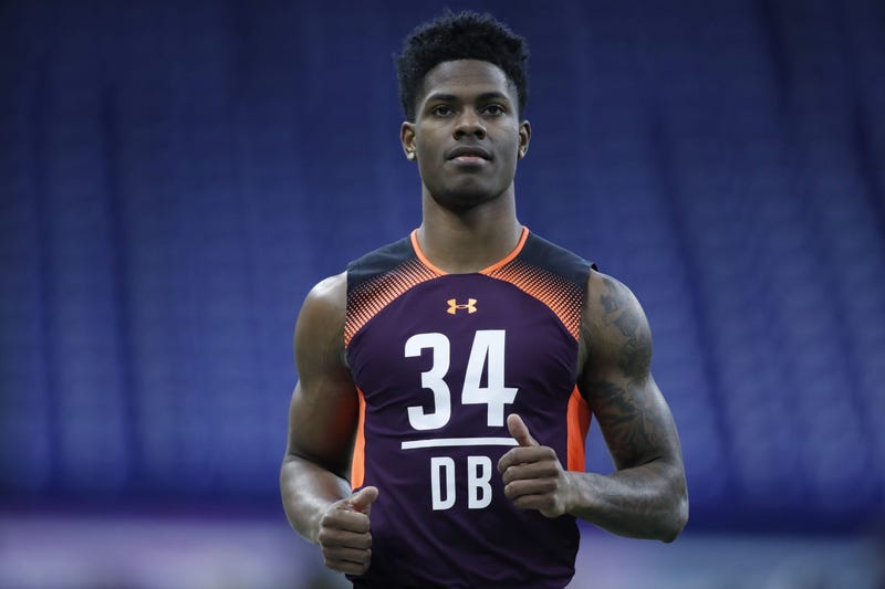 Mar 4, 2019; Indianapolis, IN, USA; Louisiana State defensive back Greedy Williams (DB34) runs the 40 yard dash during the 2019 NFL Combine at Lucas Oil Stadium. Mandatory Credit: Brian Spurlock-USA TODAY Sports