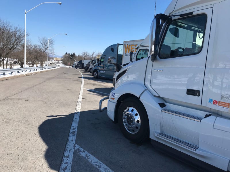 Pennsylvania state troopers run a checkpoint for tractor trailers at the Interstate 81 northbound mile 79.5 rest area near Grantville on March 5, 2019.