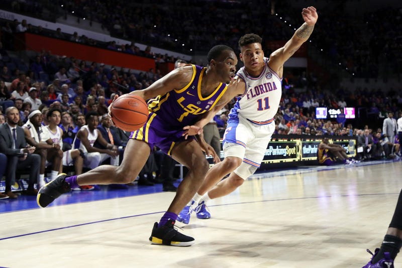 Mar 6, 2019; Gainesville, FL, USA; LSU Tigers guard Javonte Smart (1) drives to the basket as Florida Gators forward Keyontae Johnson (11) defends during the first half at Exactech Arena