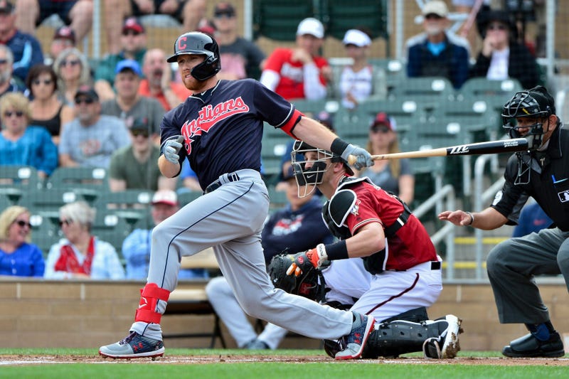 Mar 7, 2019; Salt River Pima-Maricopa, AZ, USA; Cleveland Indians left fielder Jordan Luplow (8) singles in the first inning against the Arizona Diamondbacks at Salt River Fields at Talking Stick. Mandatory Credit: Matt Kartozian-USA TODAY Sports
