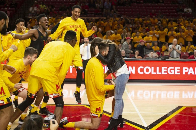 Maryland Terps senior Ivan Bender proposes to his girlfriend Andrea Knezevic at Senior Night.