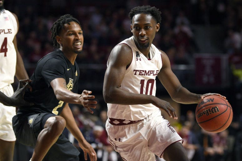 Mar 9, 2019; Philadelphia, PA, USA; Temple Owls guard Shizz Alston Jr. (10) dribbles past UCF Knights guard Terrell Allen (2) during the first half at Liacouras Center.