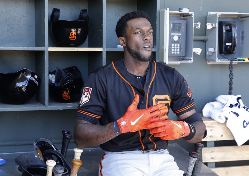Mar 10, 2019; Mesa, AZ, USA; San Francisco Giants outfielder Cameron Maybin prepares to hit before a spring training game against the Oakland Athletics at HoHoKam Stadium. Mandatory Credit: Rick Scuteri-USA TODAY Sports