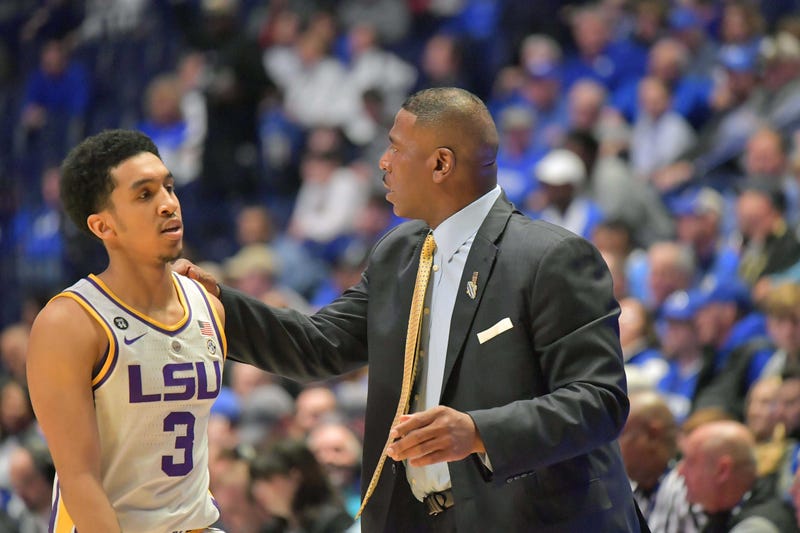 Mar 15, 2019; Nashville, TN, USA; LSU Tigers guard Tremont Waters (3) with LSU Tigers interim head coach Tony Benford during the first half of game seven in the SEC conference tournament at Bridgestone Arena
