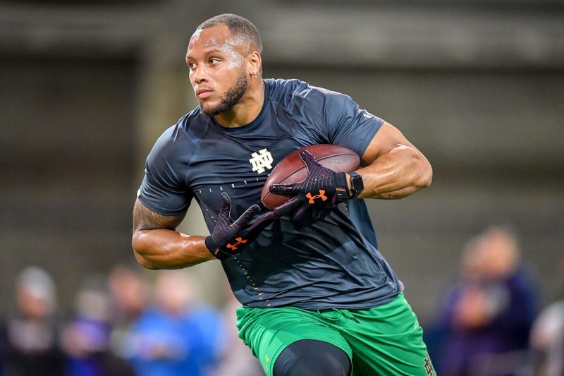 Mar 20, 2019; Notre Dame, IN, USA; Notre Dame Fighting Irish tight end Alize Mack runs a drill during Notre Dame Pro Day at the Loftus Center.