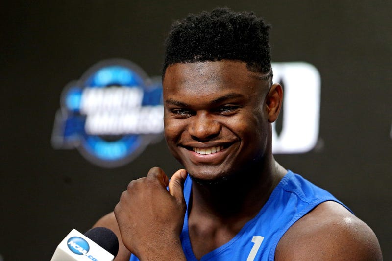 Mar 28, 2019; Washington, DC, USA; Duke Blue Devils forward Zion Williamson (1) speaks in a press conference during practice for the east regional of the 2019 NCAA Tournament at Capital One Arena. 