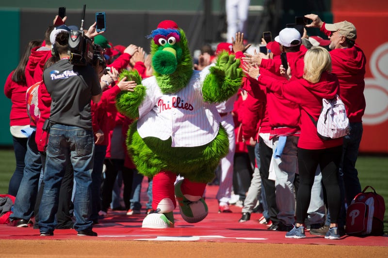 The Phillie Phanatic takes to the field on 2019 opening day at Citizens Bank Park.