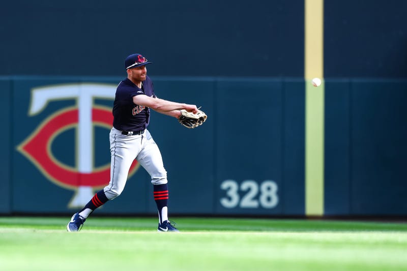 Mar 28, 2019; Minneapolis, MN, USA; Cleveland Indians second baseman Brad Miller (17) throws to first base in the bottom of the eighth inning against the Minnesota Twins at Target Field. The Minnesota Twins defeated the Cleveland Indians 2-0. Mandatory Cr