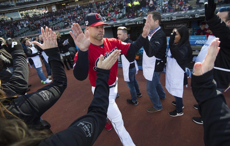 Cleveland Indians starting pitcher Corey Kluber (28) is introduced before the home opening game between the Cleveland Indians and the Chicago White Sox at Progressive Field.