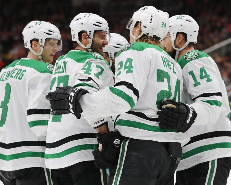 Mar 28, 2019; Edmonton, Alberta, CAN; The Dallas Stars celebrate a second period goal by forward Alexander Radulov (47) against the Edmonton Oilers at Rogers Place. 