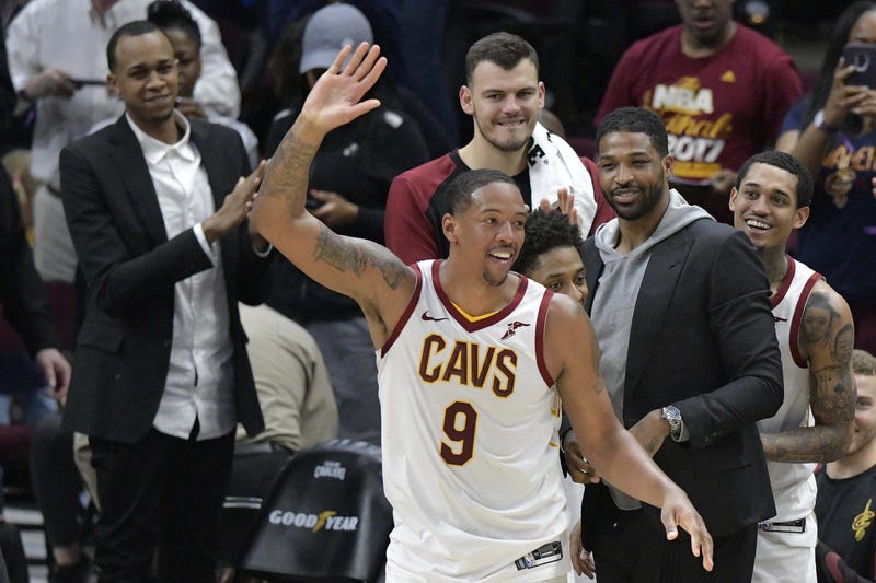 Apr 7, 2019; Cleveland, OH, USA; Cleveland Cavaliers forward Channing Frye (9) waves to fans after he was replaced in the fourth quarter against the San Antonio Spurs at Quicken Loans Arena. Mandatory Credit: David Richard-USA TODAY Sports