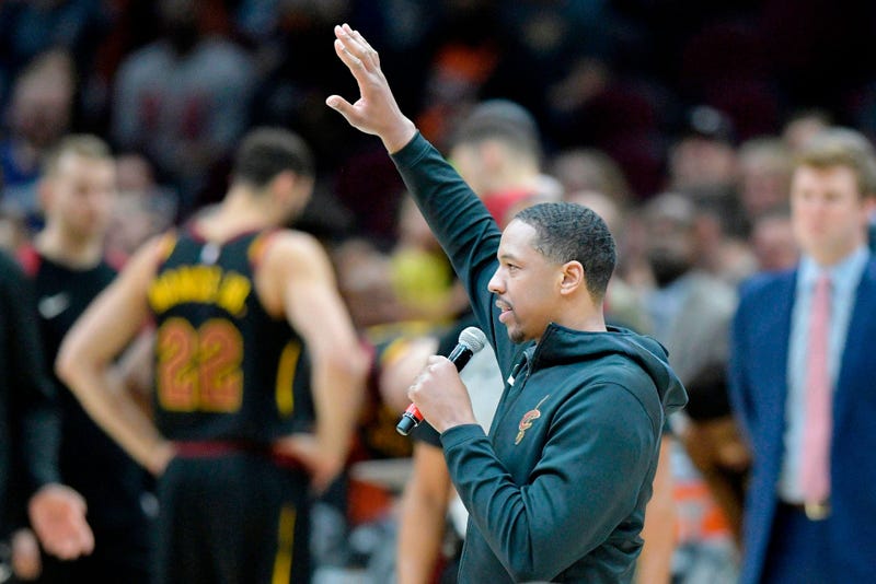 Apr 9, 2019; Cleveland, OH, USA; Cleveland Cavaliers forward Channing Frye (9) speaks before a game between the Cleveland Cavaliers and the Charlotte Hornets at Rocket Mortgage FieldHouse. Mandatory Credit: David Richard-USA TODAY Sports