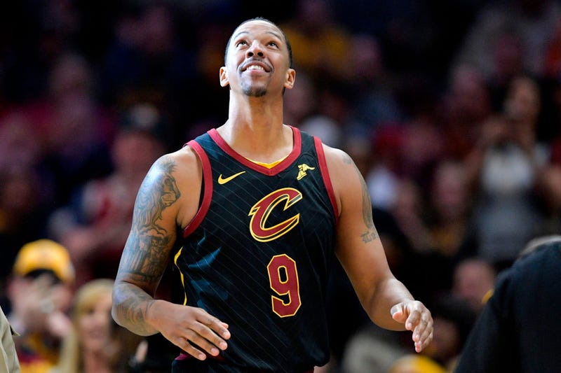 Apr 9, 2019; Cleveland, OH, USA; Cleveland Cavaliers forward Channing Frye (9) reacts as he enters the game in the second quarter against the Charlotte Hornets at Rocket Mortgage FieldHouse. Mandatory Credit: David Richard-USA TODAY Sports