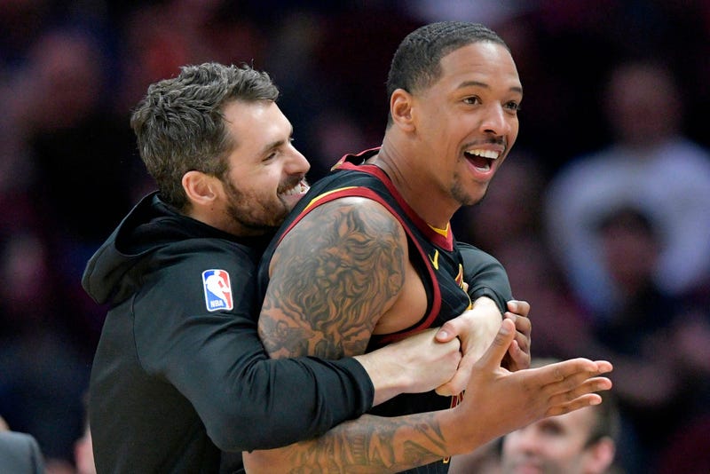 Apr 9, 2019; Cleveland, OH, USA; Cleveland Cavaliers forward Kevin Love (left) and forward Channing Frye (9) react in the second quarter at Rocket Mortgage FieldHouse. Mandatory Credit: David Richard-USA TODAY Sports
