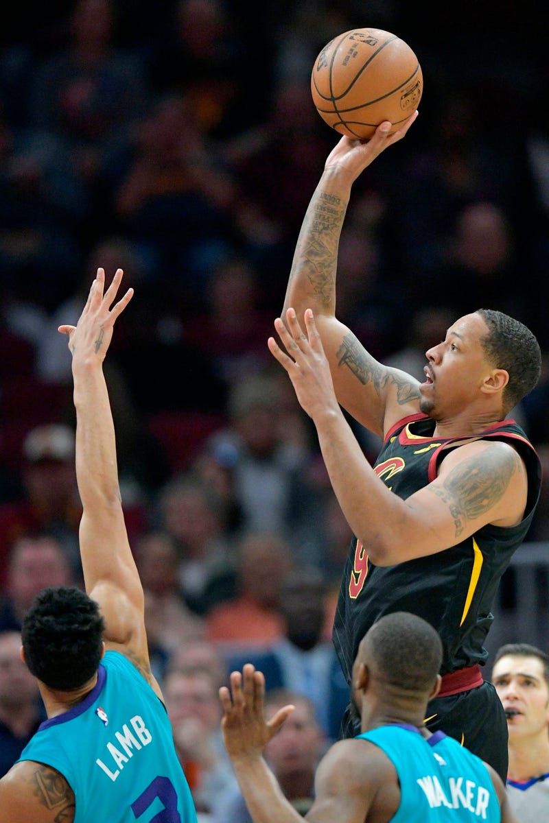 Apr 9, 2019; Cleveland, OH, USA; Cleveland Cavaliers forward Channing Frye (9) shoots in the second quarter against the Charlotte Hornets at Rocket Mortgage FieldHouse. Mandatory Credit: David Richard-USA TODAY Sports