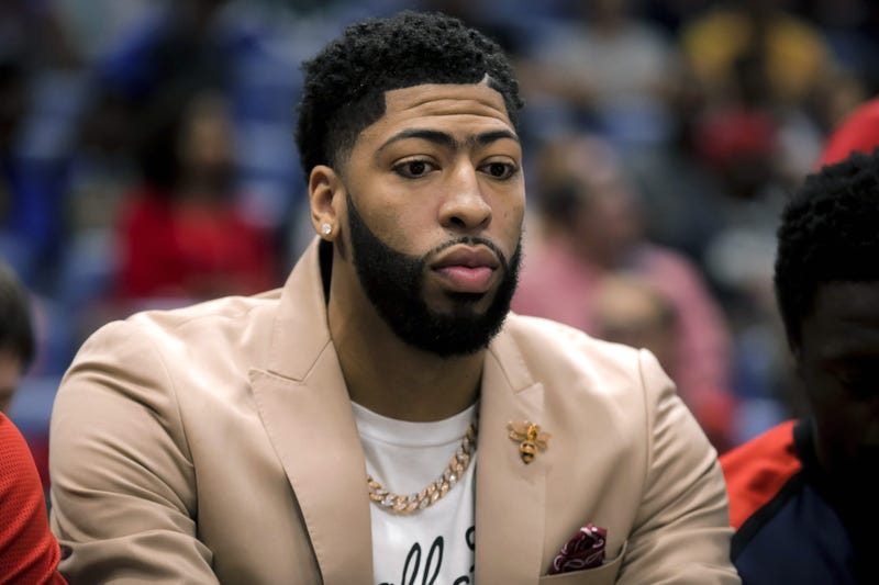 Apr 9, 2019; New Orleans, LA, USA; New Orleans Pelicans forward Anthony Davis sits on the bench during the first quarter against the Golden State Warriors at the Smoothie King Center.