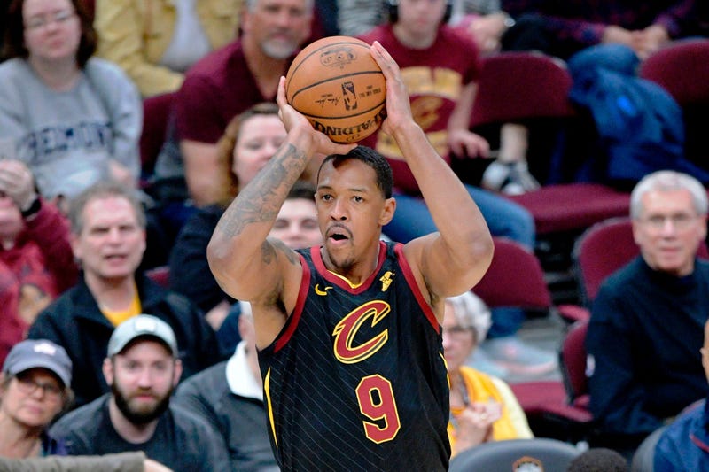Apr 9, 2019; Cleveland, OH, USA; Cleveland Cavaliers forward Channing Frye (9) makes a three-point basket in the fourth quarter against the Charlotte Hornets at Rocket Mortgage FieldHouse. Mandatory Credit: David Richard-USA TODAY Sports