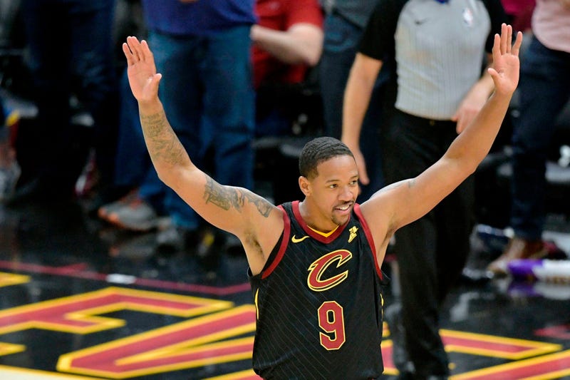 Apr 9, 2019; Cleveland, OH, USA; Cleveland Cavaliers forward Channing Frye (9) reacts after making a three-point basket in the fourth quarter against the Charlotte Hornets at Rocket Mortgage FieldHouse. Mandatory Credit: David Richard-USA TODAY Sports
